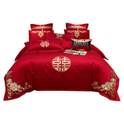 恒源祥结婚四件套全棉刺绣床上用品婚嫁陪嫁被套婚房高端红色套件