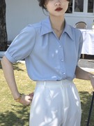 蓝色雪纺短袖衬衫女夏季设计感V领衬衣职业气质正装面试通勤上衣