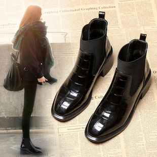欧洲站chic鳄鱼皮靴子女，短靴2024秋冬切尔西靴粗跟马丁靴女鞋