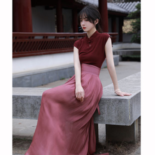 新中式女装国风套装仙气禅意香云纱茶服复古红色长款连衣裙两件套