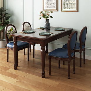 伊久美式乡村全实木餐桌椅组合小户型复古家用大理石长方形饭桌
