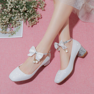 女童公主鞋白色皮鞋2024春秋小女孩演出单鞋水晶鞋子女儿童高跟鞋