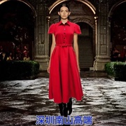深圳南油2024春夏季女装翻领短袖红色袖口开衩大摆收腰连衣裙