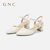 gnc一字带包头凉鞋女粗跟2024夏羊皮(夏羊皮)白色法式配裙子鞋子单鞋