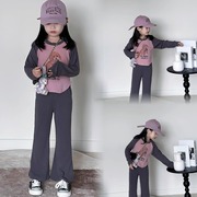 韩国女童24秋装女童，甜酷美式印花插肩袖，儿童休闲长袖上衣裤子