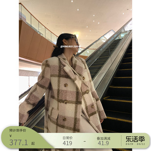 王少女的店粉色复古格纹西装式毛呢大衣2024秋冬高级气质长款外套
