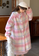 蛋包饭餐厅蜜桃起司粉色格子，拼色毛呢大衣女冬季加厚保暖外套