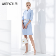 白领女装浅蓝白条爬领后拉链七分袖连衣裙OL-TIAOW22-303