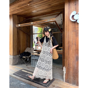 韩系套装女夏季蕾丝镂空钩花吊带，背心裙叠穿短袖t恤连衣裙两件套