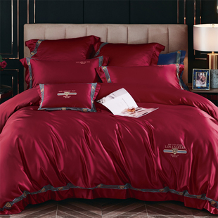 欧式奢华100支长绒棉刺绣四件套样板房红色婚庆床上用品多件套