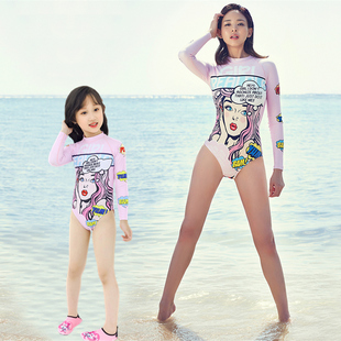 女童泳衣连体长袖防晒中小童，亲子母女潜水服温泉速干显瘦韩国