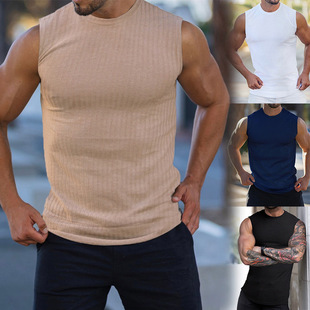 欧美男装2024夏季无袖条纹健身运动背心男士跑步T恤潮Men's vest
