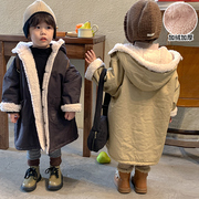 儿童棉服中长款加绒加厚男童棉衣2023女童装，冬季宝宝风衣外套
