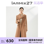 IAmMIX27冬季全羊毛外套女个性不对称西装领时尚开衩双面呢大衣女