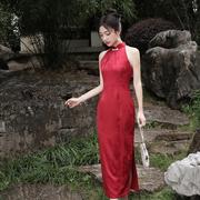 cosplay红色敬酒服旗袍挂脖露肩无袖改良年夏季中式国风