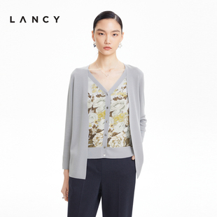 LANCY/朗姿真丝假两件开衫2022秋季V领长袖印花高级针织衫女