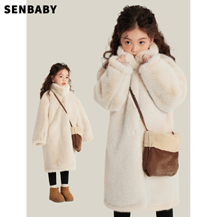 senbaby童装女童冬装，长款仿皮草大衣儿童，保暖复合麂皮绒毛毛外套