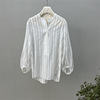 夏季竖条纹半开襟微透丝棉灯笼袖宽松时髦衬衫6400