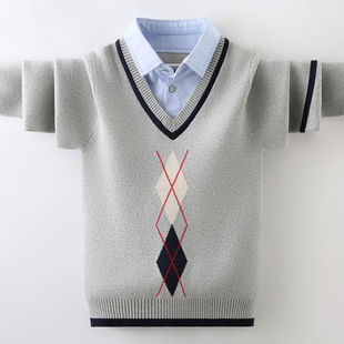 男童毛衣假两件秋冬款衬衫，领中大童，套头线衣加绒加厚儿童针织衫潮