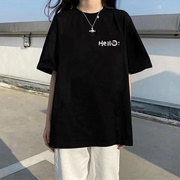黑色纯棉短袖t恤女夏季韩版字母印花宽松中长款半袖上衣ins潮