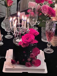 网红亮银色烛台玫瑰花蛋糕装饰 黑色玫红色小仙女蛋糕摆件插件