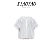 韩版日系黑白条纹短袖衬衫，女夏款设计感小众宽松显瘦百搭圆领上衣