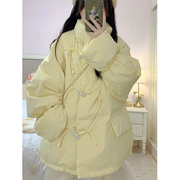 韩国牛角扣黄色宽松羽绒棉服女冬季2023棉衣保暖加厚棉袄外套