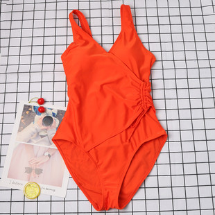 出口外单时尚(单时尚)女士，连体泳衣桔红色纯色显瘦成人连身游泳衣气质泳装