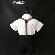 高档2023夏季男童英伦风礼服 男宝宝绅士周岁套装短袖白衬衫背带