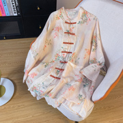 中国风复古苎麻印花衬衫，女中长款春季对襟盘扣，宽松大码防晒服开衫