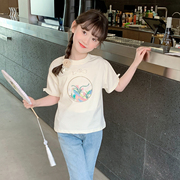 女童短袖2024夏装儿童中国风纯棉T恤宝宝印花刺绣时尚打底衫