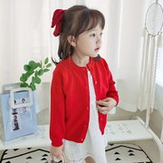 女童针织开衫春秋装薄款外套，宝宝儿童红色毛衣外搭婴儿空调衫洋气