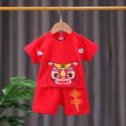 男童夏装洋气短袖唐装周岁，宝宝生日礼服小童中国风复古婴儿童套装
