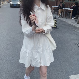 白色连衣裙女春夏韩版温柔小个子，娃娃裙设计感拼接长袖a字衬衫裙