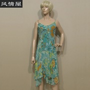 女装迪妮绿色印花连衣裙，夏季清凉修身吊带，斜裁低价销售