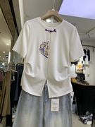 中国风刺绣圆领短袖T恤女夏季修身显瘦盘扣开叉上衣0.19