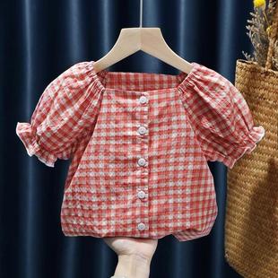 儿童衬衣洋气女童衬衫夏季宝宝格子短袖上衣小童公主娃娃衫韩版