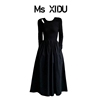 msxidu赫本风镂空长袖连衣裙，女秋冬设计感气质修身显瘦打底长裙