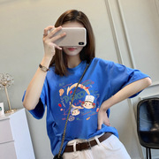 日系复古克莱因蓝纯棉短袖t恤女夏季卡通印花小众潮牌体恤上衣服