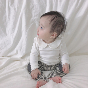 婴儿秋装衣服女韩版纯棉，百搭上衣宝宝纯色翻领，长袖t恤打底衫