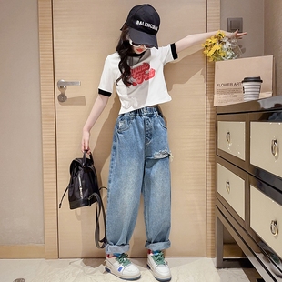 女童夏装短袖休闲t恤2024韩版时尚，潮酷个性宽松牛仔裤两件套