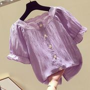 雪纺上衣女短袖2023韩版夏季百搭遮肚子显瘦紫色甜美雪纺衬衫