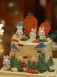 可爱兔宝宝生日蛋糕装饰摆件满月百天男孩女孩小兔子，甜品台插件