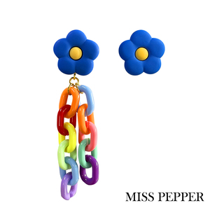 原创设计克莱茵兰花朵链条，夸张不对称耳环宝蓝色甜酷无耳洞耳夹