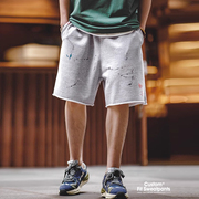 马登工装美式街头运动短裤男夏季灰色休闲五分裤宽松卷边短卫裤子