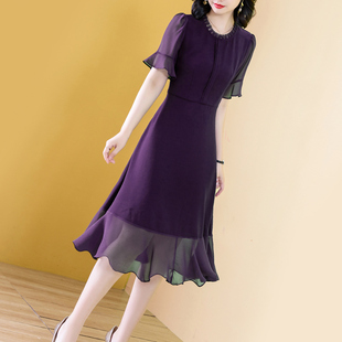 深紫色圆领连衣裙女夏季设计感小众2024气质高级感雪纺长裙子