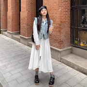 李潇洒(李潇洒)微胖大码温，柔风白色连衣裙女秋装不规则，下摆衬衫裙polo长裙