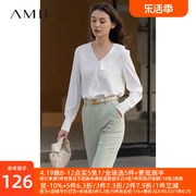 Amii2024秋季法式小衫V领荷叶边衬衫长袖雪纺衫女白色衬衣