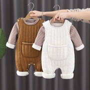 。男女宝宝背带棉裤套装秋冬加绒新生分体两件套婴儿薄棉夹棉背带
