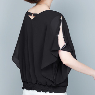 雪纺衫短袖2024镂空夏装，小衫女高档洋气蝙蝠袖，上衣蕾丝衫雪纺衫